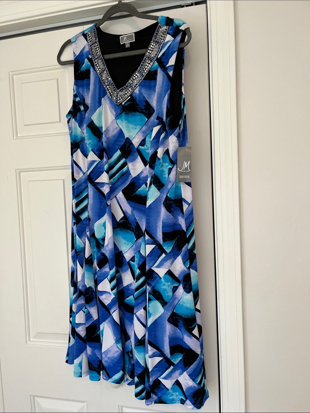 JM Collection Blue and Black Beaded V-Neck Midi Dress